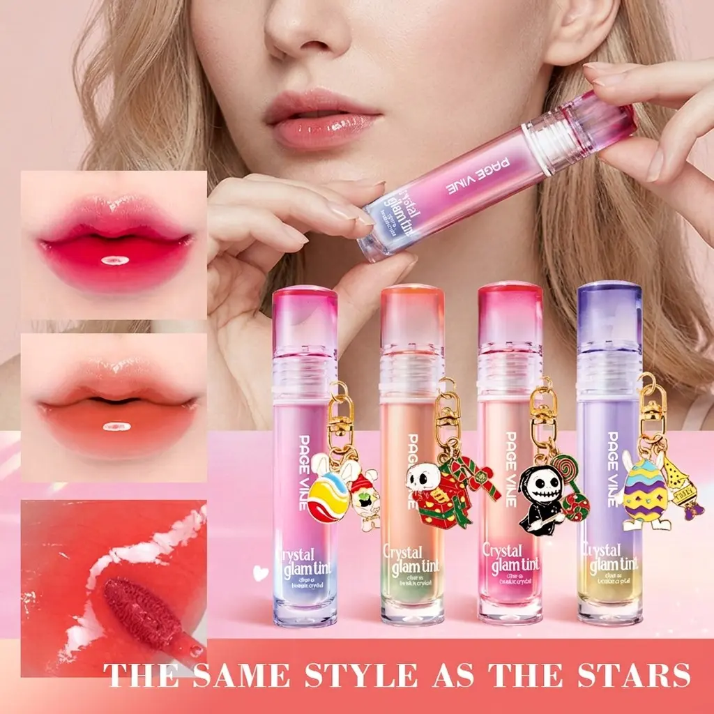 Mirror Crystal Lip Gloss Set with Halloween Charms, 4-Piece Moisturizing Lip Balm, Non-Sticky Shiny Lip Oil, Gift Box for Friends and Girlfriends