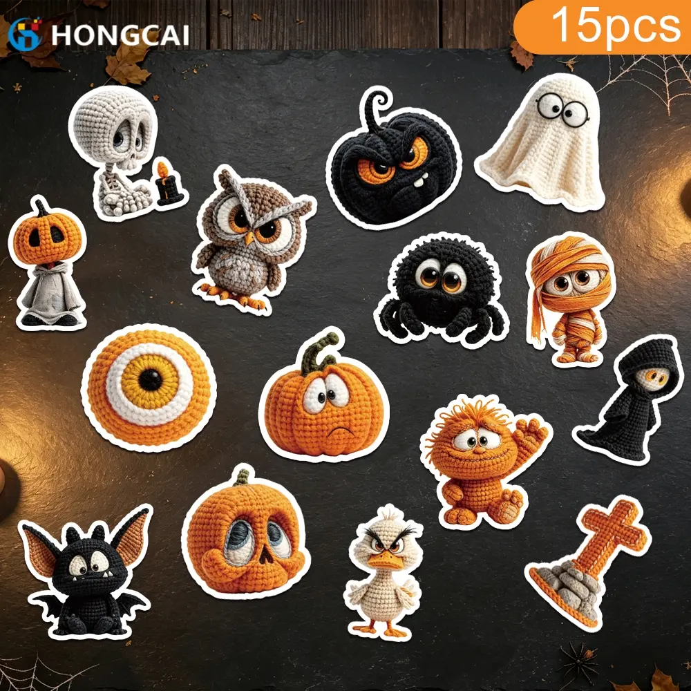 Halloween 3D UV heat transfer patch 15 knitted trick-or-treating characters pumpkin ghost owl skull mummy bat spider web ironing decals, costumes accessories DIY