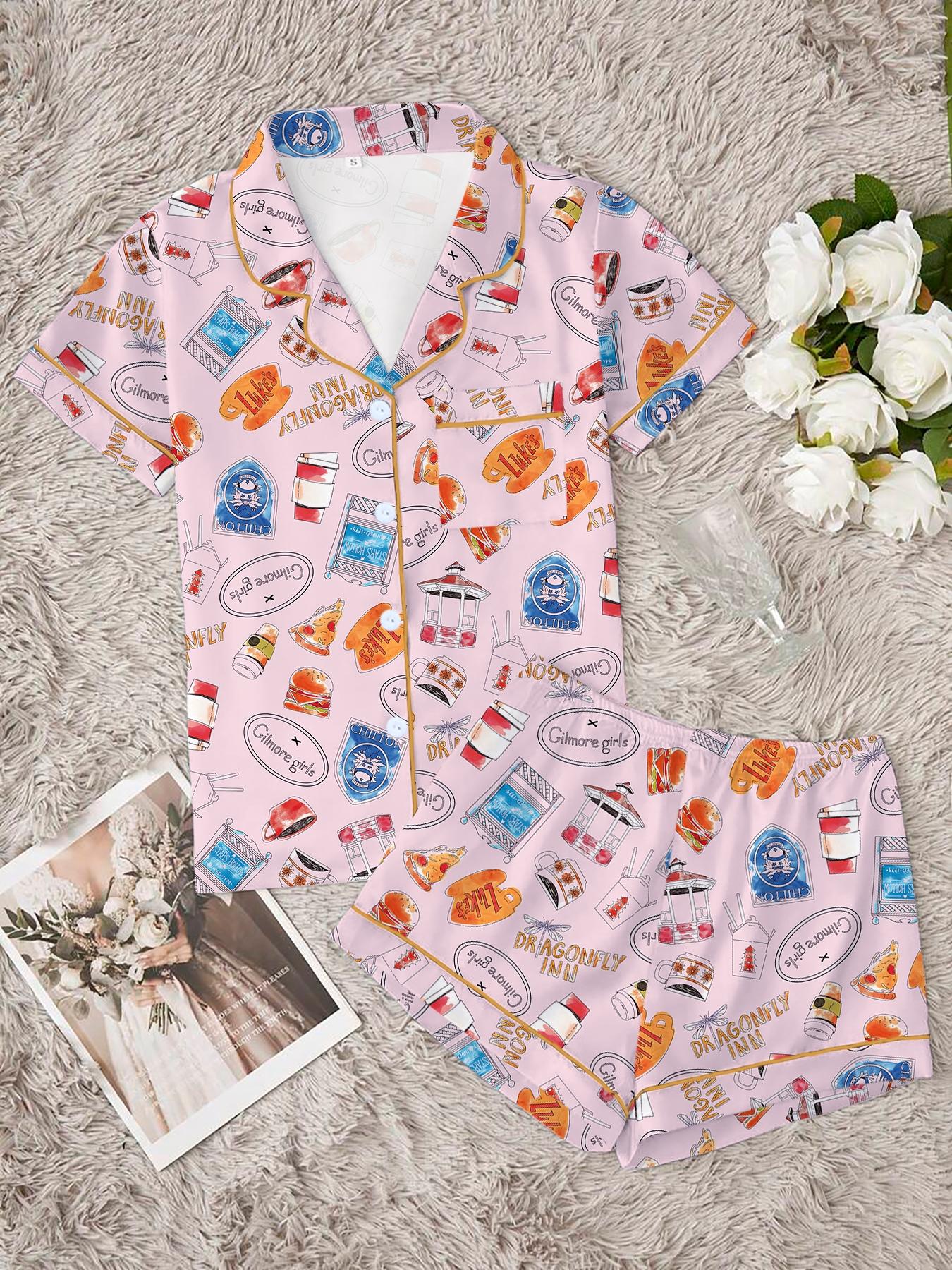 Women's Stars Hollow Gilmore Girls Comfortable Loungewear Sleepwear Set, Two-Piece Short Sleeve Top & Elastic Pants, All Seasons Fitted Nightgown Gift