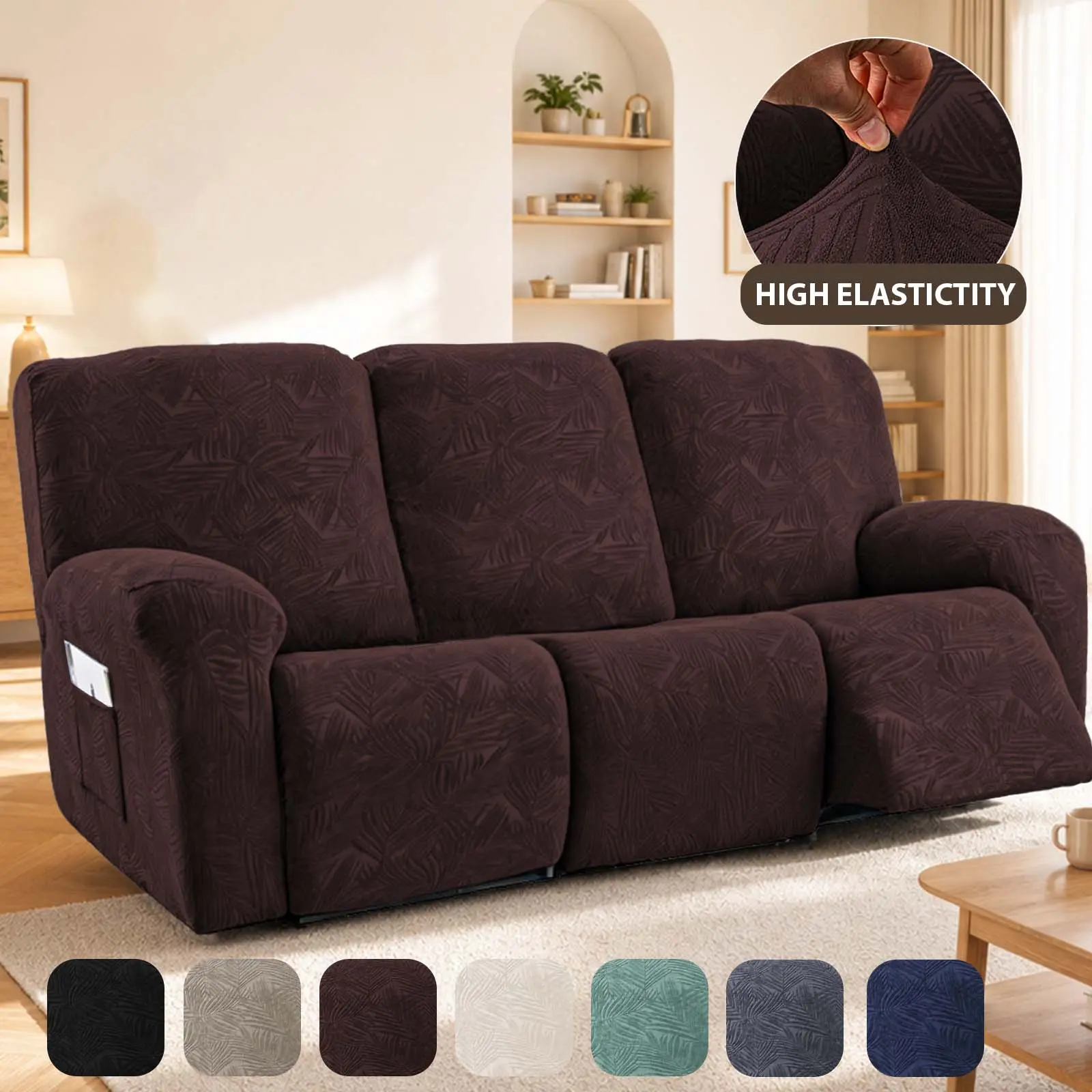3-Seater Classical Look Polyester Blend Stretch Recliner Sofa Cover - Elastic Leaf Jacquard Flat Weave Full Fit Slipcover with Side Pocket, Non-Slip Stain-Proof Indoor Living Room Pet-Friendly Machine Washable Furniture Protector, Indoor Use