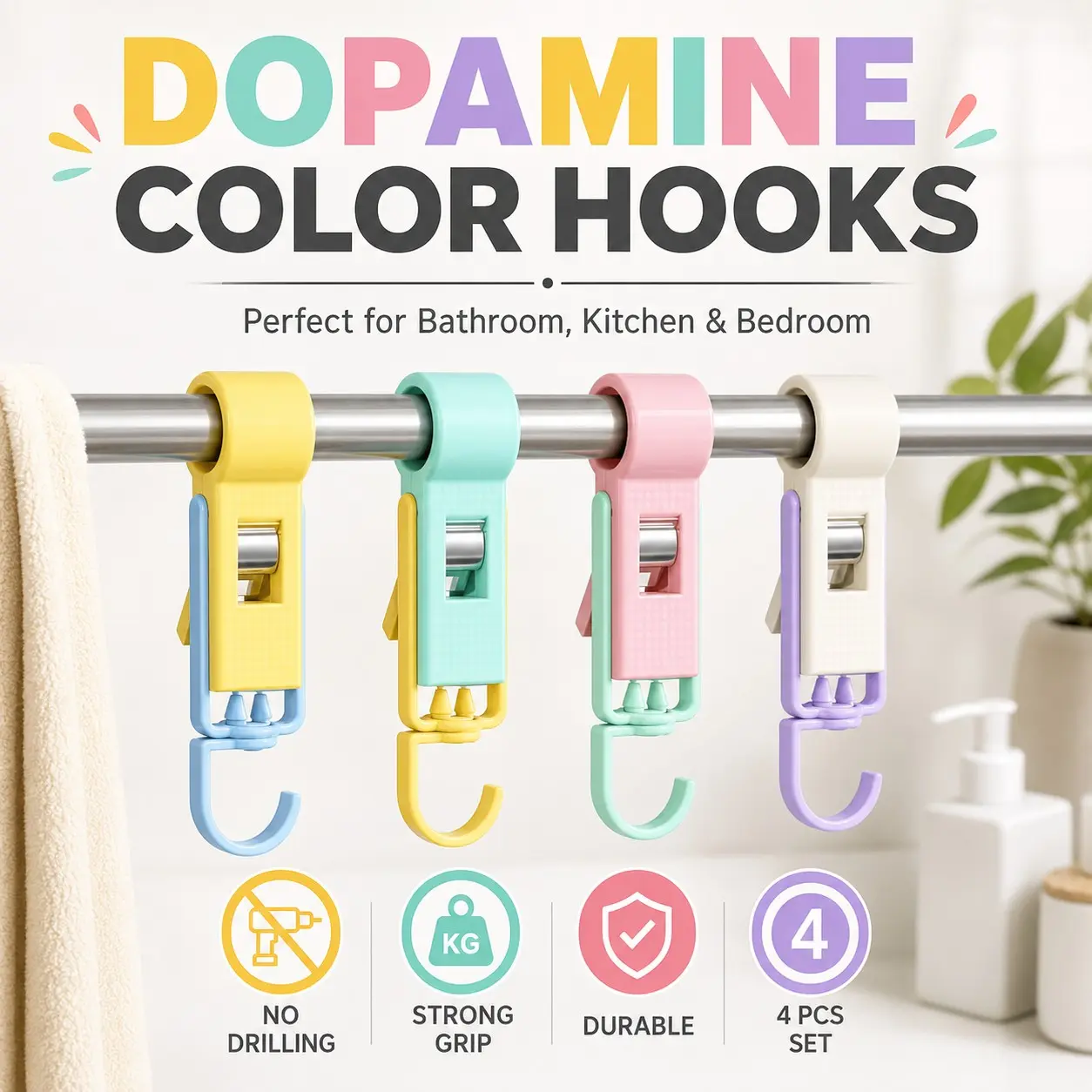 4pcs Multifunctional Hooks, No-Drill Adjustable Kitchen Clips, Bathroom Towel Hangers, Clothes and Bath Mat Holders, Space-Saving Design