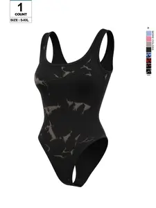 Ribbed Tie Dye Print U-Neck Sleeveless Bodysuit, Casual Y-Type Romper, Organic Textile, Form-Fitting, All Seasons