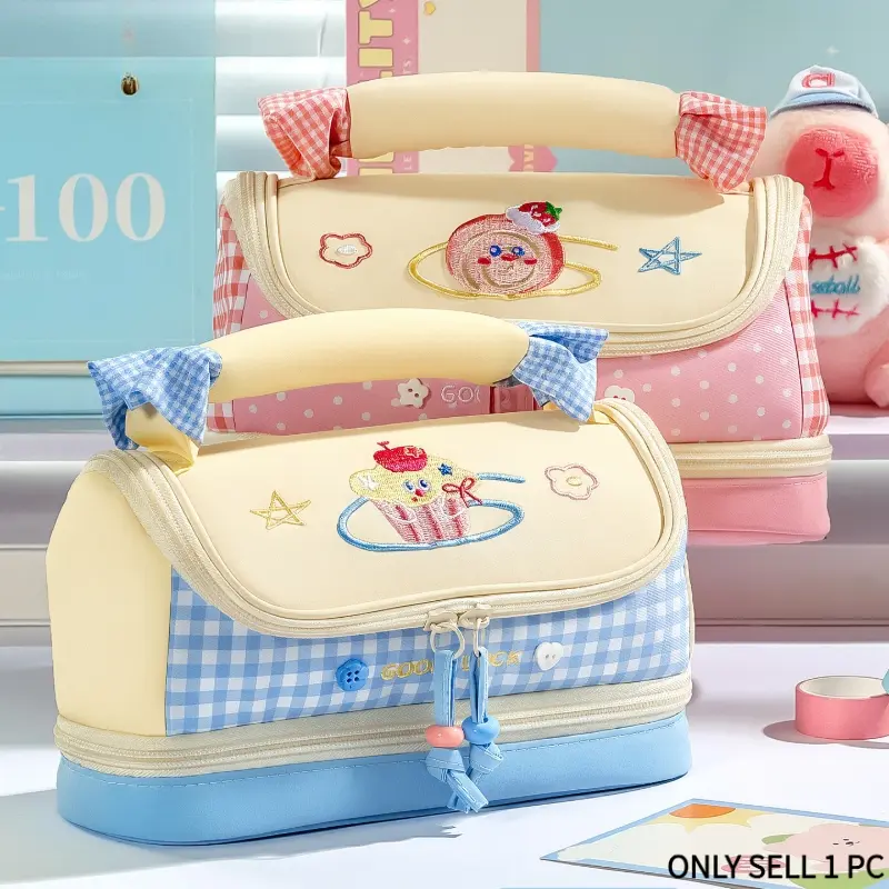 Cute Plaid Pencil Case with Embroidered Cake, Large Capacity Double-Layer Pen Bag with Handle, Aesthetic Preppy Stationery Organizer with Multiple Compartments for School Students Girls Kids, Back to School Gift