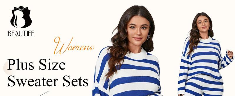 【XL-5XL】Imily Bela Curve Womens Plus Size Lounge Sets Striped Knit 2 Piece Sweater Set Long Sleeve Tops and Shorts Oversized Outfits