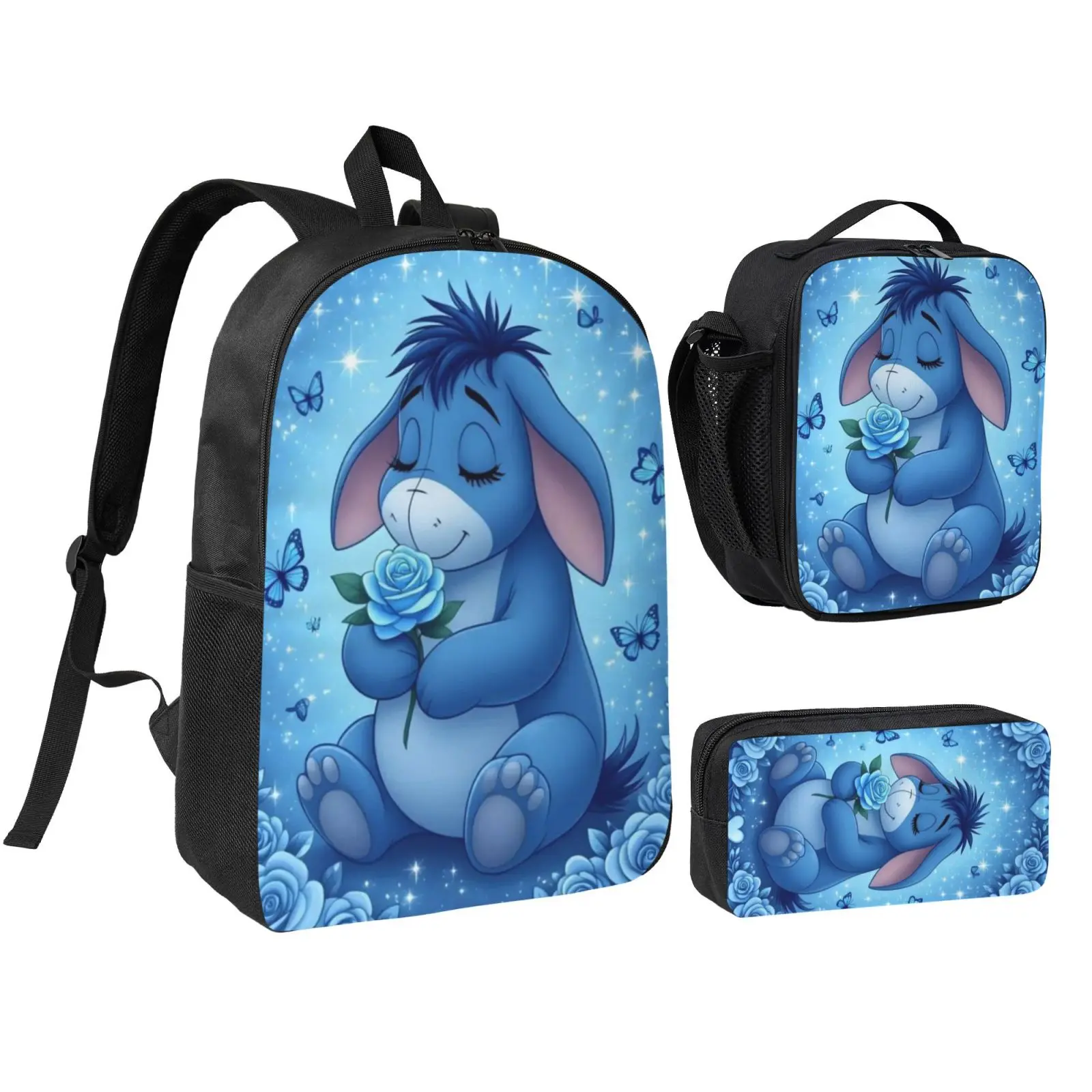 Anime Eeyore3 backpack with lunch bag pencil box for Teen Girls Boys, 3pcs kids school bag with adjustable straps, office travel bag Bookbag lunchbox
