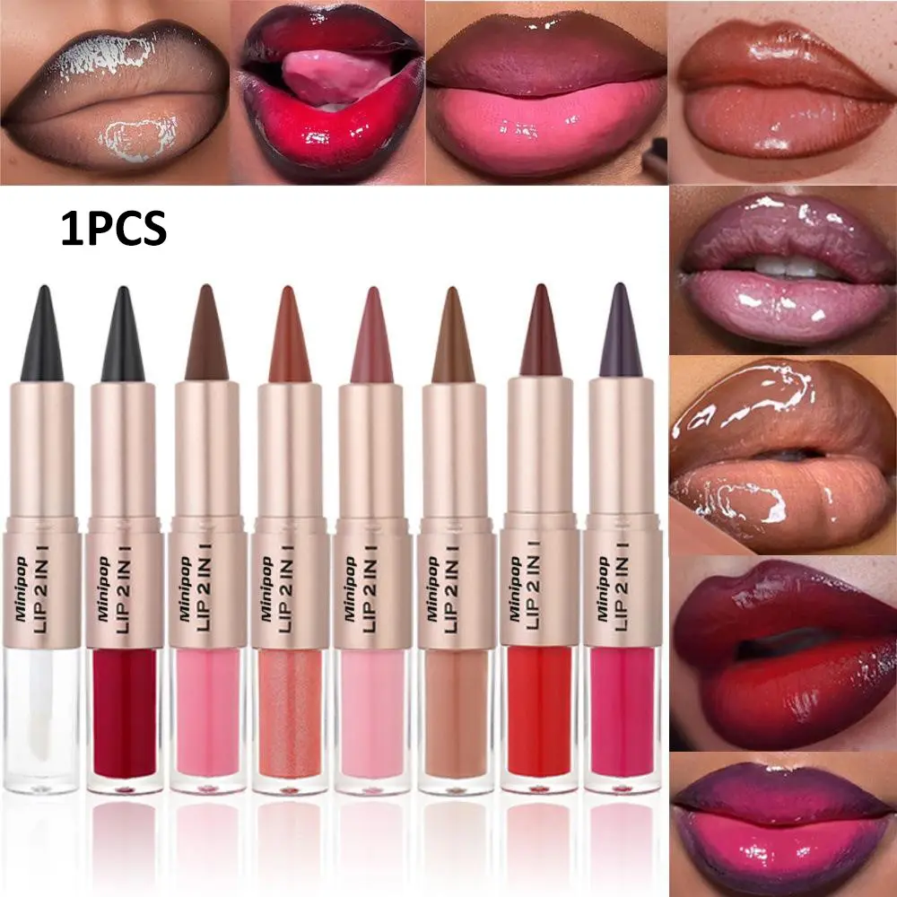 Lipstick Lipline Lip Color Double Head Two in One Matte Line Hook Lipstick Mirror Lip Color Does Not Stick To Cup Lip Glaze Lipliner Makeup