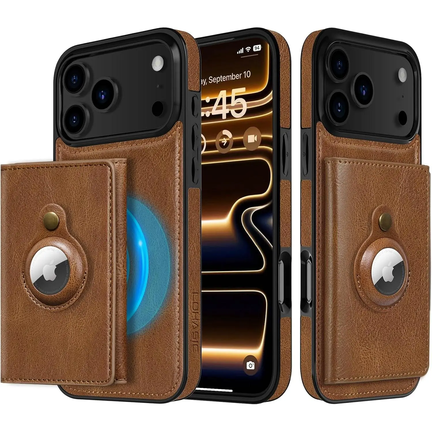 for  17 Pro Max Case, 2-in-1 Detachable Wallet Leather Phone Cases with Card Holder with Airtag Holder Protective Cover Compatible with MagSafe, Brown