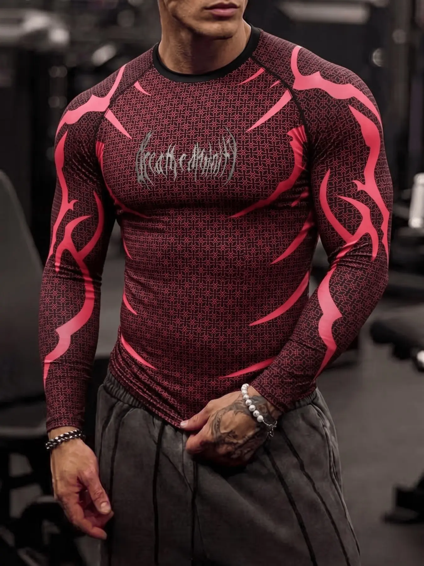 Men's Fitness Top, Quick-Dry Breathable Tight Fit, Long Sleeve T-Shirt, Gym Print, Muscle Definition, Comfortable for Gym, Running, Outdoor Sports