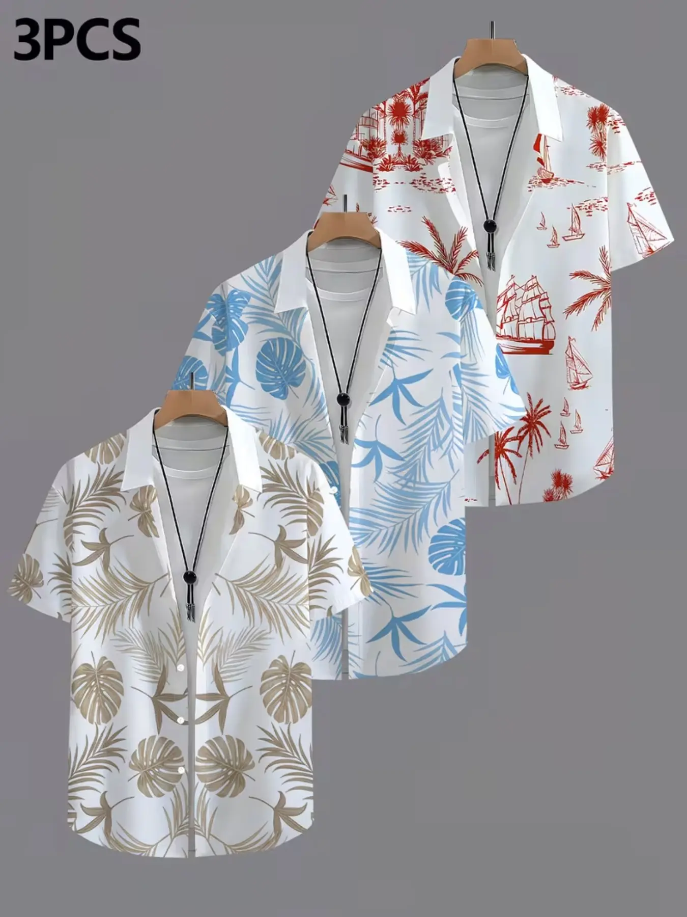 Men's Casual Hawaiian Style Shirt Set, Three-Piece Short Sleeve Summer Beachwear, All-Over Print Fitted Long Shirt for All Seasons