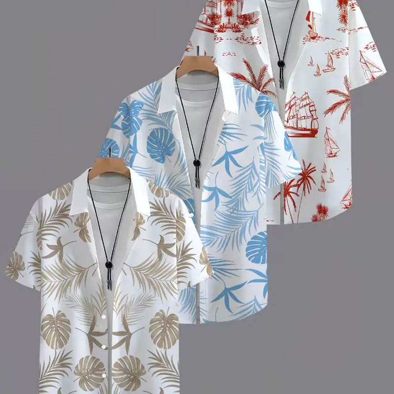 Men's Casual Button Collared Hawaiian Shirt Set, 3-Pack Short Sleeve Summer Beach Shirts, All-Over Tropical Print Button-Down Shirts, Menswear