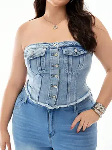 Solavibe Plus Size Solid Fringe Short Front Button Slim Fit Light Wash Denim Halter Top, Chic Casual Daily Wear, Beach Vacation