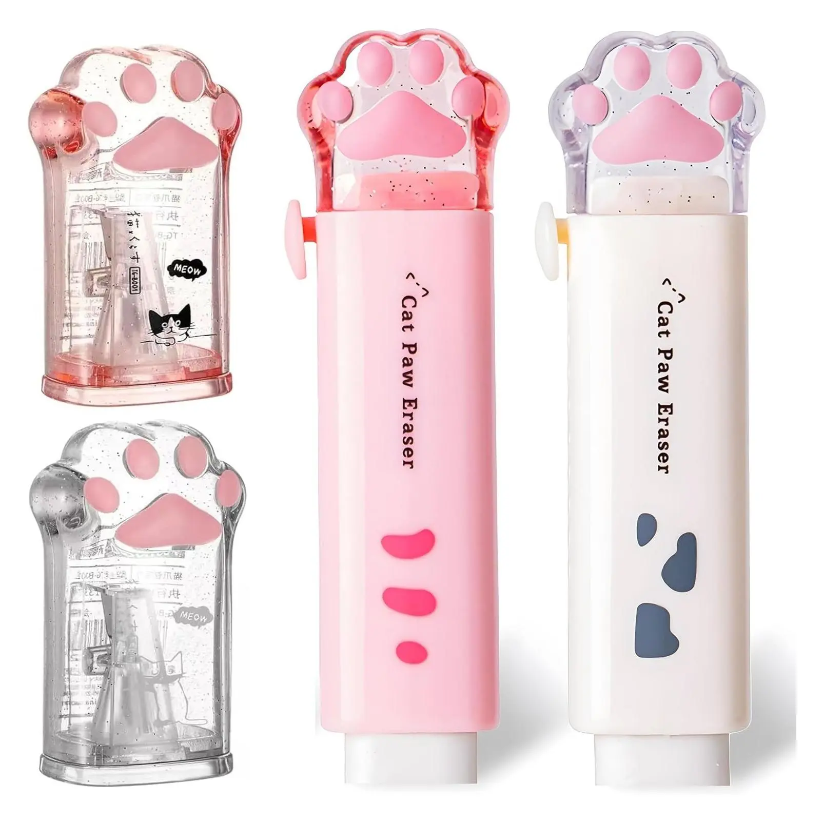 4Pcs Cute Kawaii Stationery Set - 2 Retractable Erasers & 2 Pencil Sharpeners, Adorable School Office Home SuppliesGift