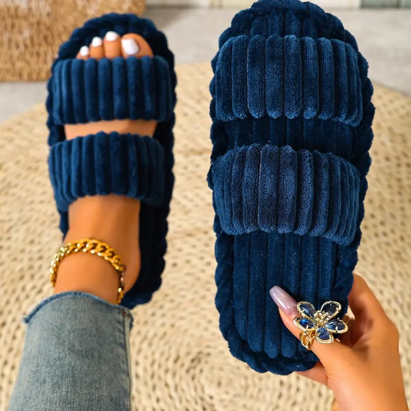 2026 Fall Winter New Women's Plush Slippers, Flannel Open-Toe House Shoes, Non-Slip Quiet Indoor Floor Shoes, Casual Textile Eva Sole, Indoor Home Slippers