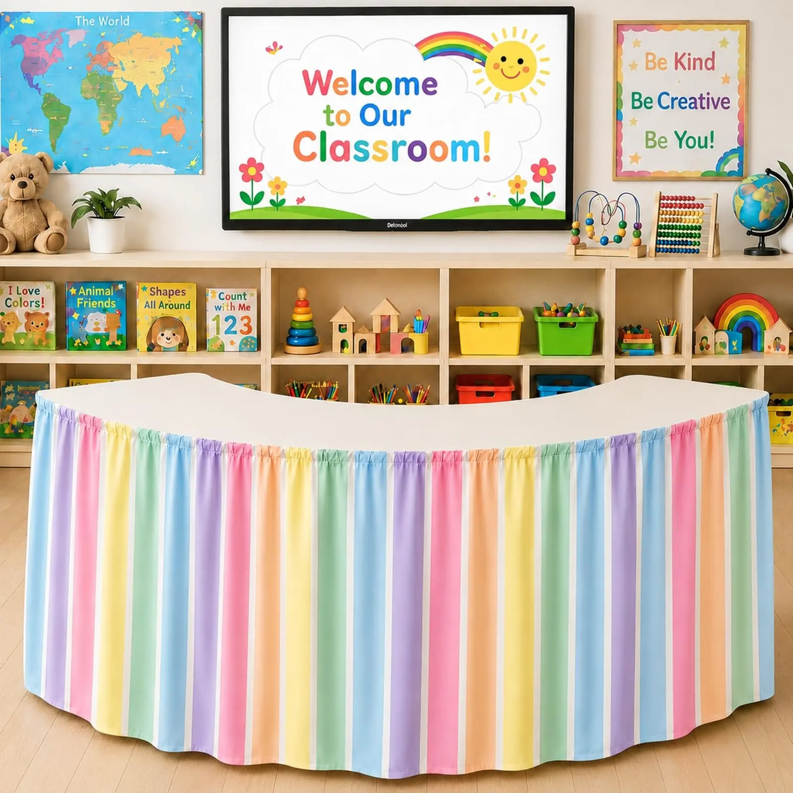 Rainbow Color Teacher Tablecloth, 6 Feet Rectangular Classroom Decor, Office Desk Cloth, Bookcase Cover, Back-To-School Supplies