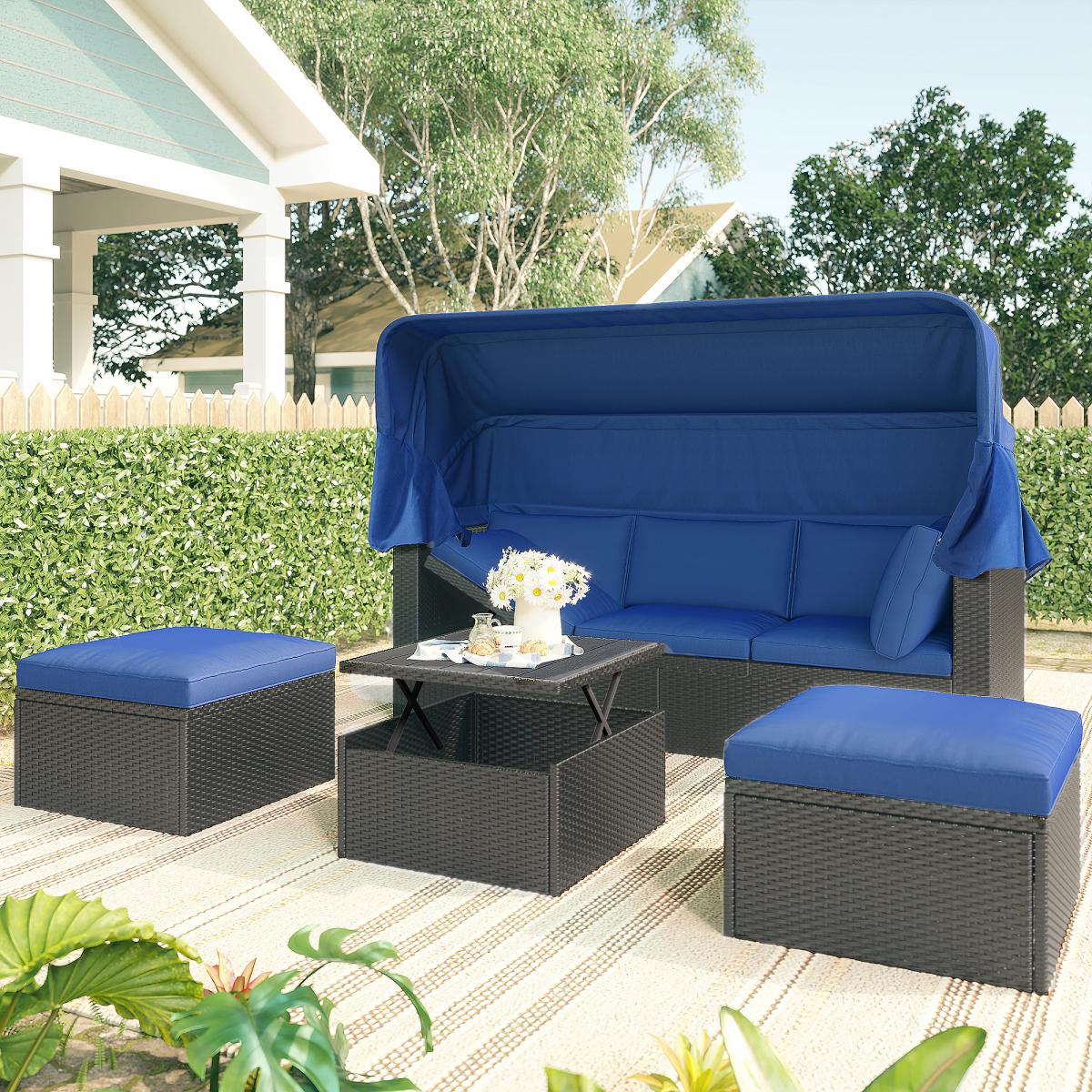 Outdoor Patio Rectangle Daybed with Retractable Canopy,  Wicker Furniture Sectional Seating with Washable Cushions, Backyard, Porch(As same as WY000263AAE)