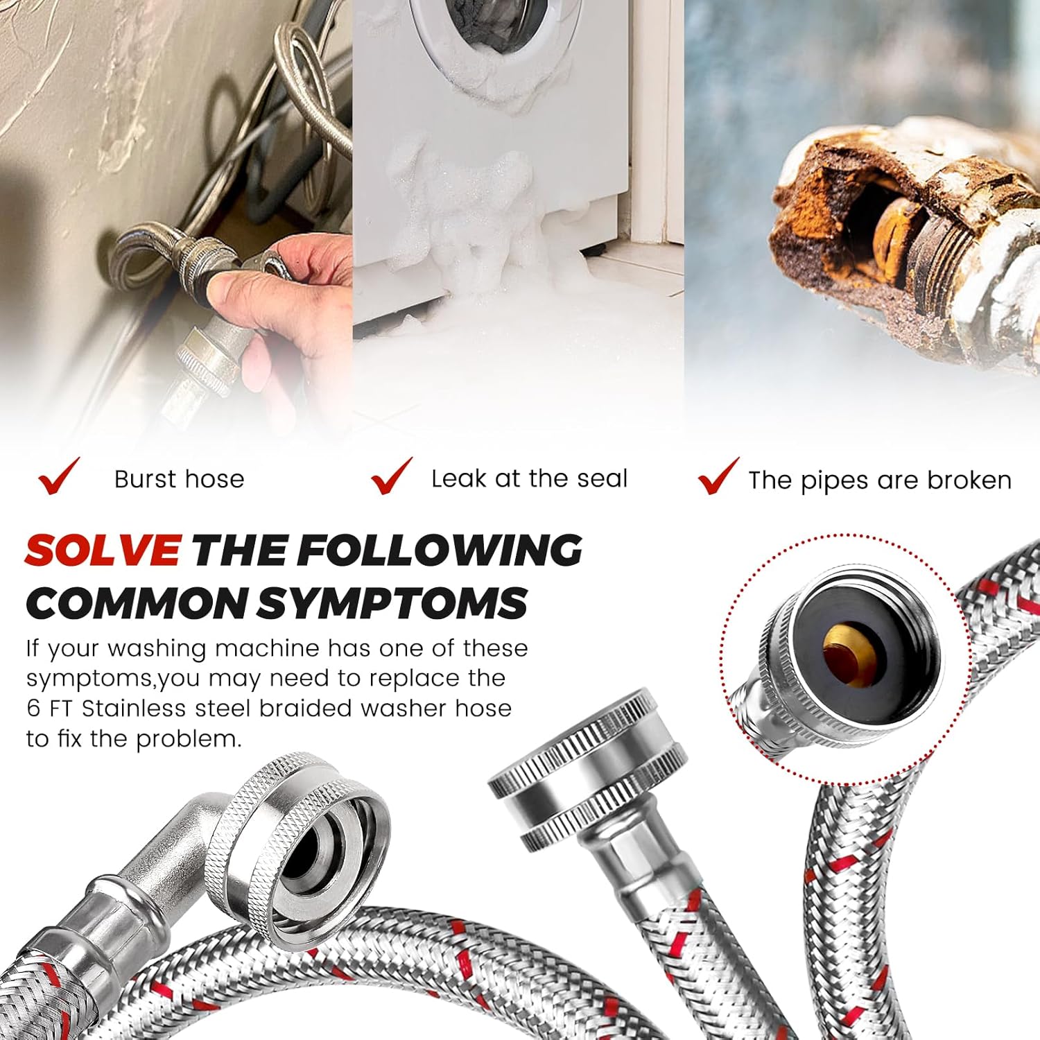 6Ft Stainless Steel Washer Hose with 90  Elbow by  for  Washers - 2 Pack Burst Proof Red and Blue Braided Hoses for Hot and Cold Water  - 10  Warranty