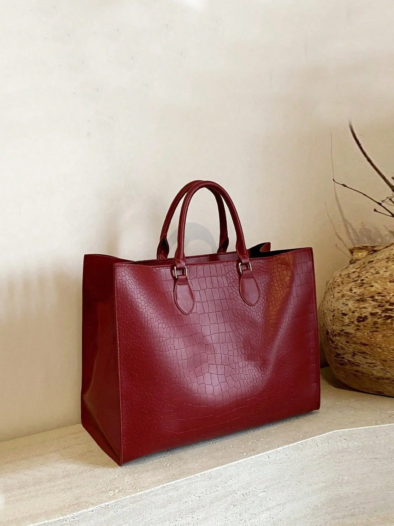 Red Large Capacity Faux Crocodile Grain Minimalist Oversized Tote Bag, Four Seasons Versatile Travel Shopping Single Casual Shoulder Bag Handbag, Commuter Underarm Purse, Laptop Office Bag for Women