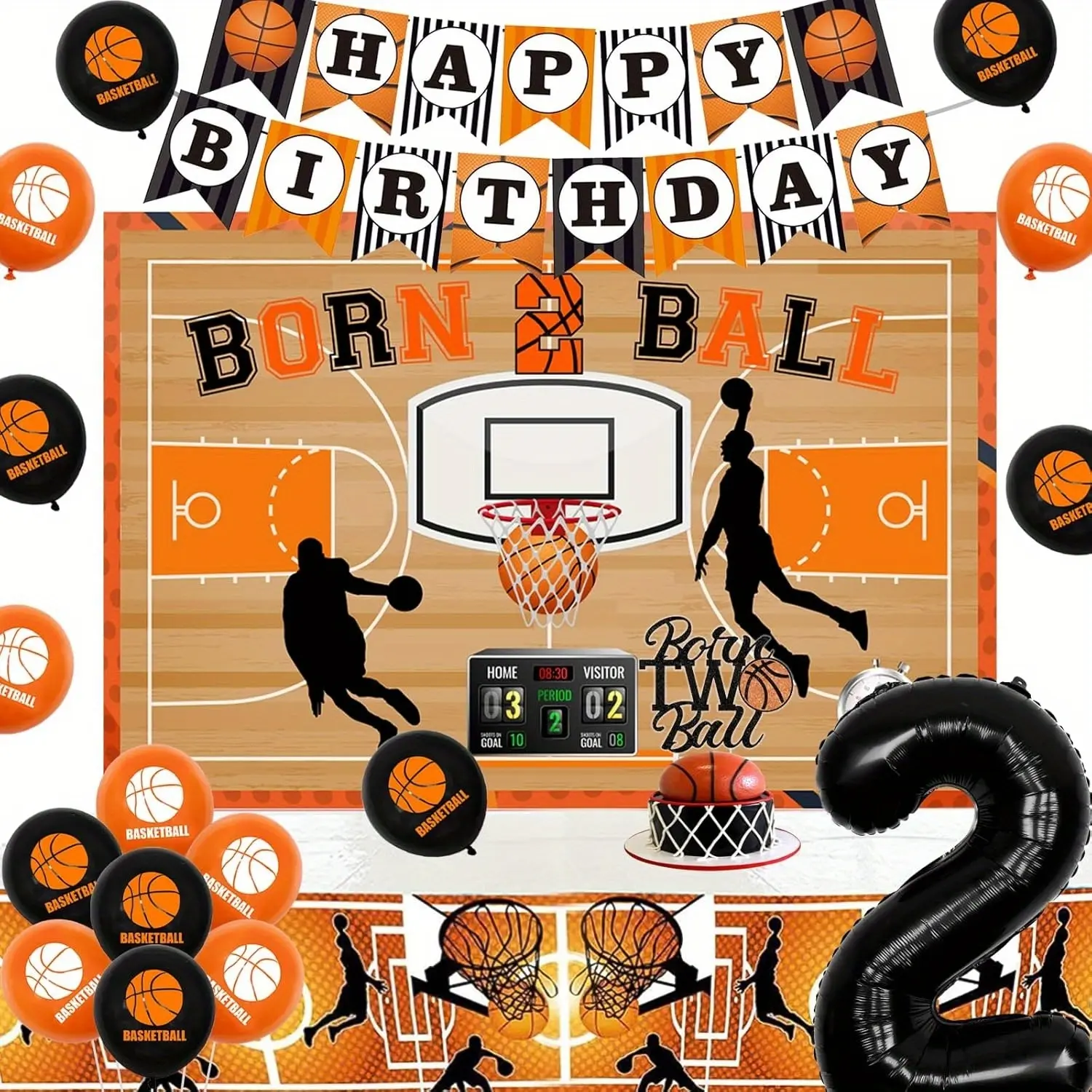 1Set Born Two Ball Birthday Decoration for Boy Basketball 2anniversary Birthday Decorations Happy Birthday Banner Backdrop Basketball Tablecloth Cake Topper Number 2 Foil Balloon for Sport Theme 2anniversary Birthday Party