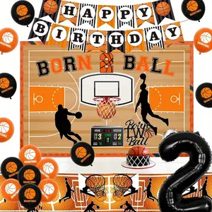 1Set Born Two Ball Birthday Decoration for Boy Basketball 2anniversary Birthday Decorations Happy Birthday Banner Backdrop Basketball Tablecloth Cake Topper Number 2 Foil Balloon for Sport Theme 2anniversary Birthday Party