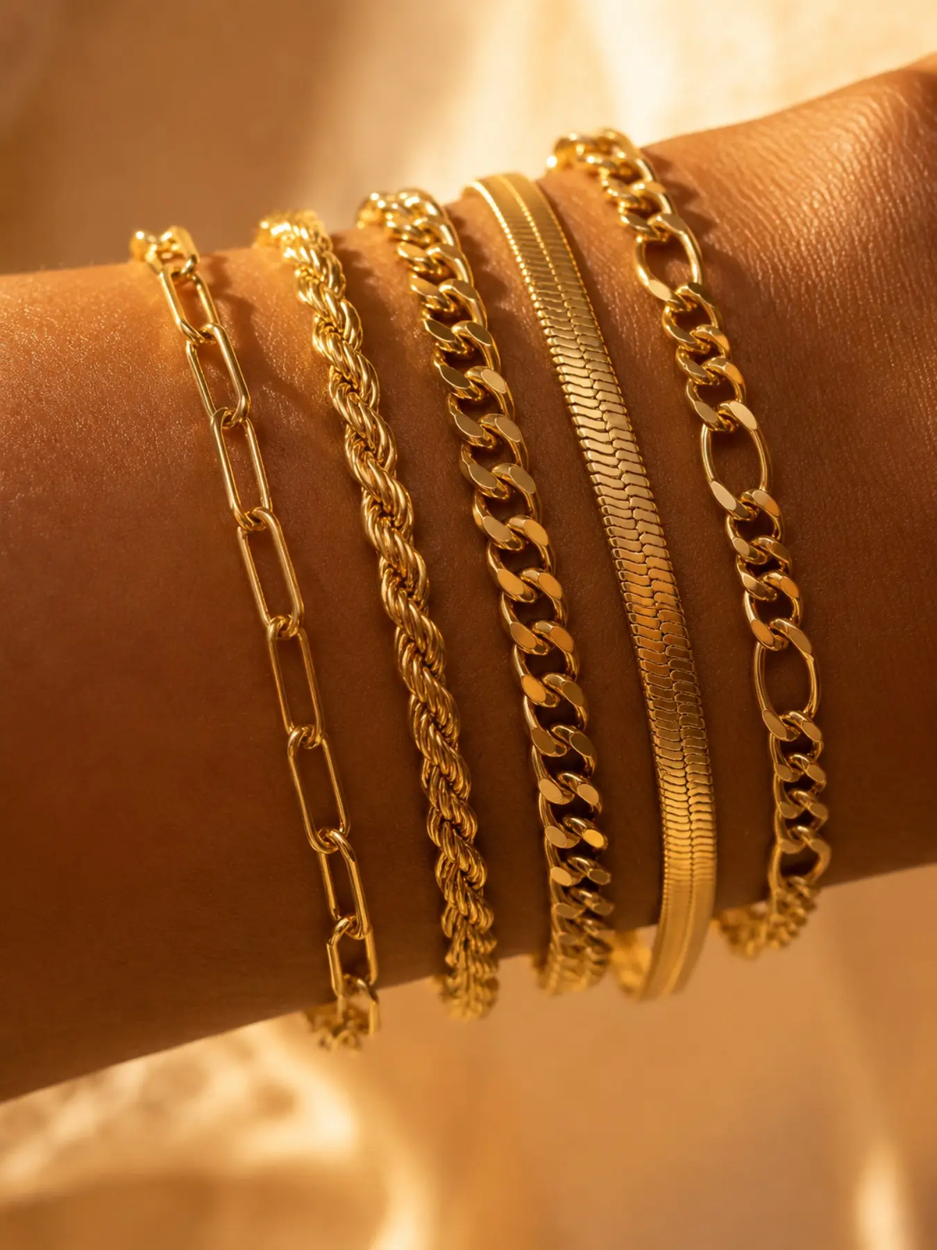 5PCS Gold & Silver Mixed Layered Chain Bracelet Set, Stainless Steel Anklet-Style Wrist Jewelry, Multiple Link Designs Including Cuban, Herringbone, High Shine Waterproof Tarnish-Resistant Daily Wear Stackable Bracelets, Bracelets Stacking for Women