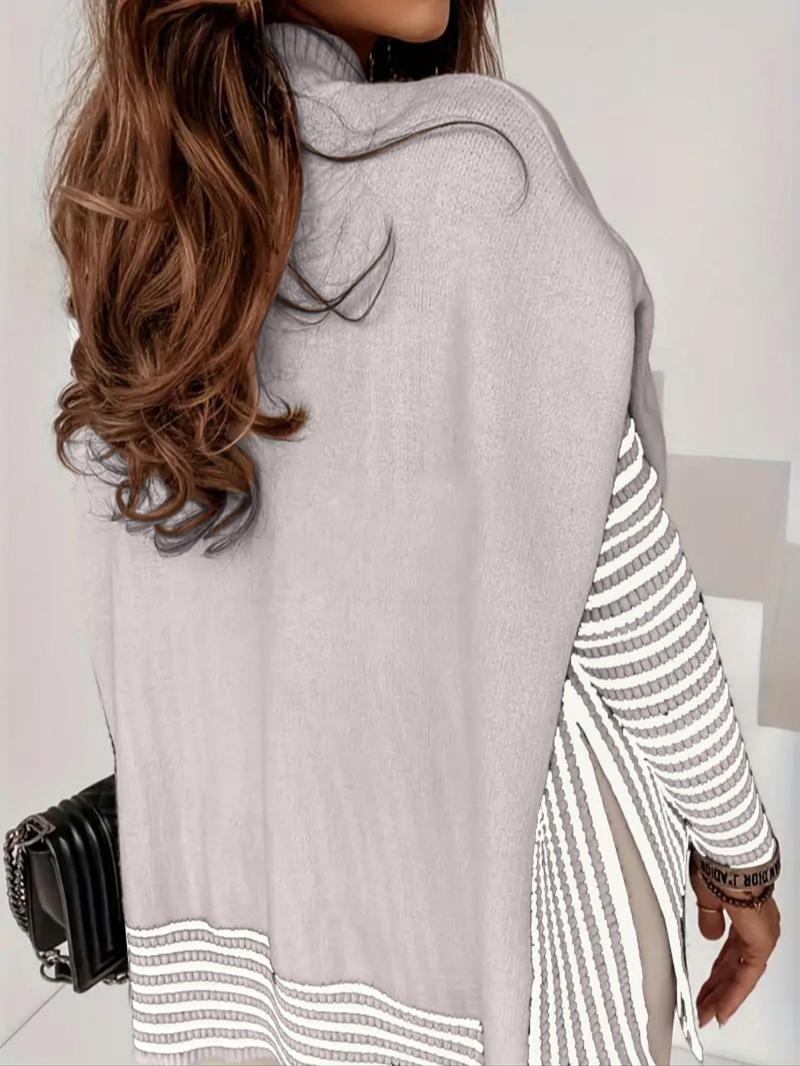 Women's Striped Patchwork Print Batwing Sleeve Split Hem Sweater, Casual Long Sleeve Mock Neck Jumper for Fall & Winter, Fashion Ladies' Knitwear for Daily Wear, Knit Pullover Top