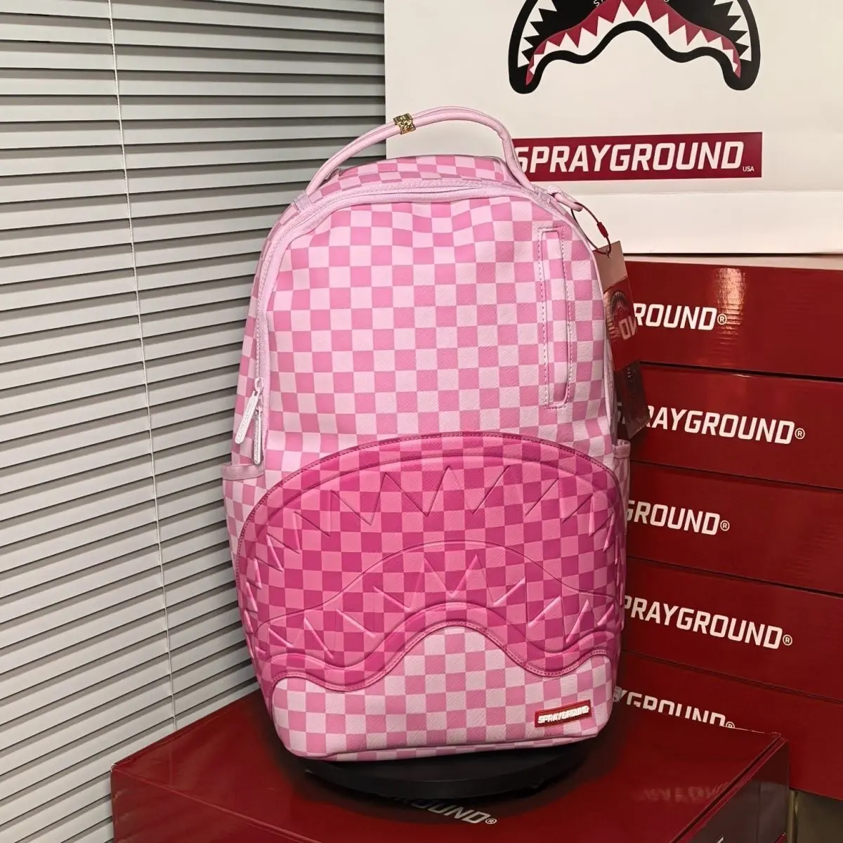 SPRAYGROUND SG 2-Tone Pink Checkerboard Shark Mouth Backpack - Unisex Couple-Style Functional Luggage Bag
