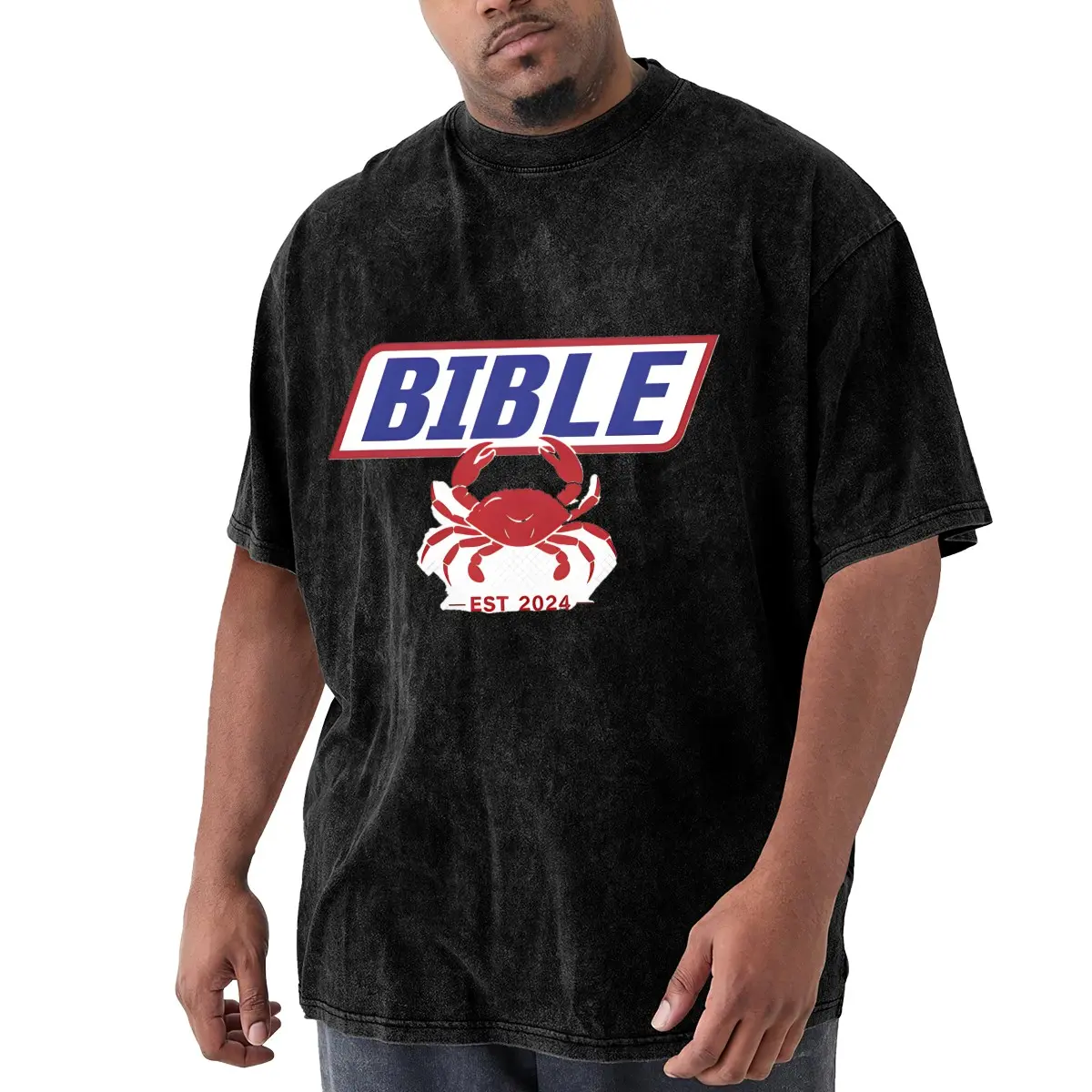 Men's Vintage Graphic T-Shirt with Red Crab Prints, Oversized Combed Cotton Casual Tee with Ribbed Neck for Athletic Streetwear