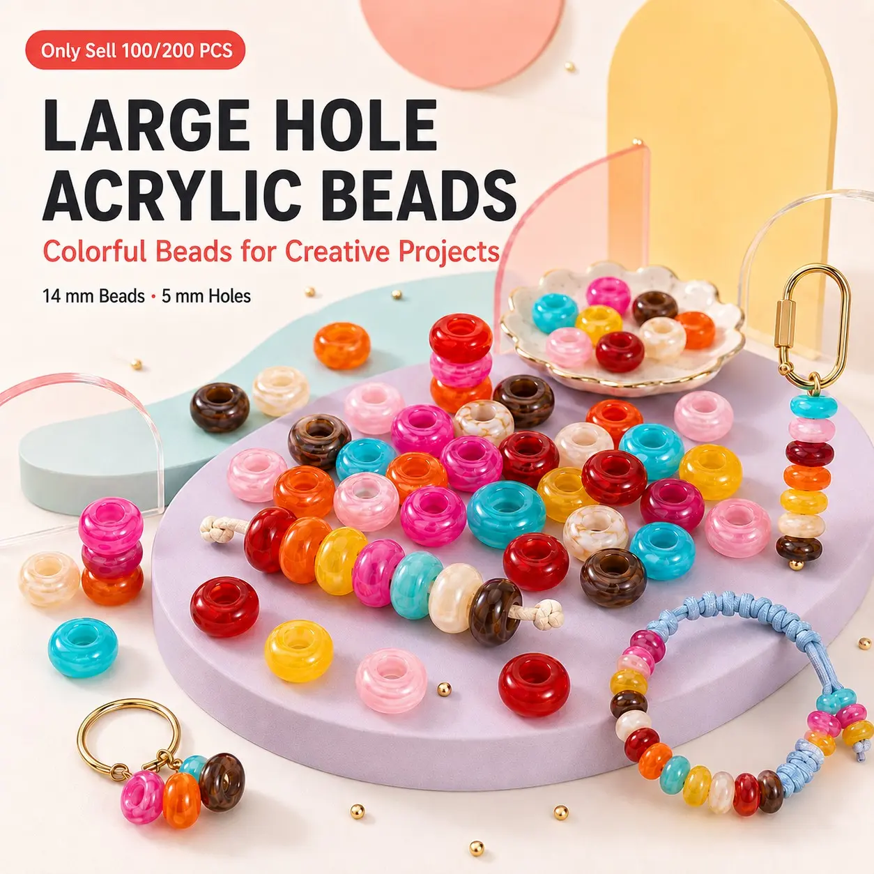 100/200 PCS Large Hole Acrylic Beads, Mixed Color 14 mm Chunky Round Spacer Beads with 5 mm Holes for Carabiner Bag Charms, Keychains, Paracord Bracelets, Jewelry Making and DIY Craft Projects