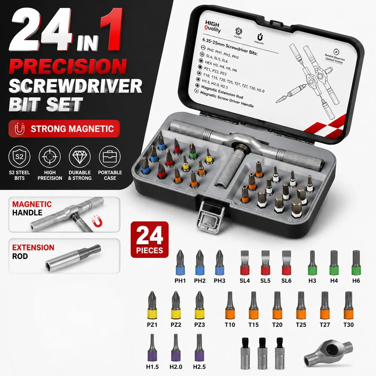 24-Piece Magnetic Screwdriver Set, Rotating Screwdriver Kit, Detachable Handle Multi-Function Repair Tool, T-Type Ratchet Screwdriver Set, Home Use
