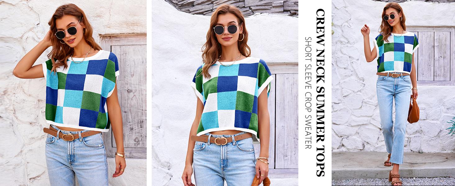 Saodimallsu Womens Cap Sleeve Crop Tops Summer Color Block Going Out Crew Neck Knit Trendy Casual Sweater