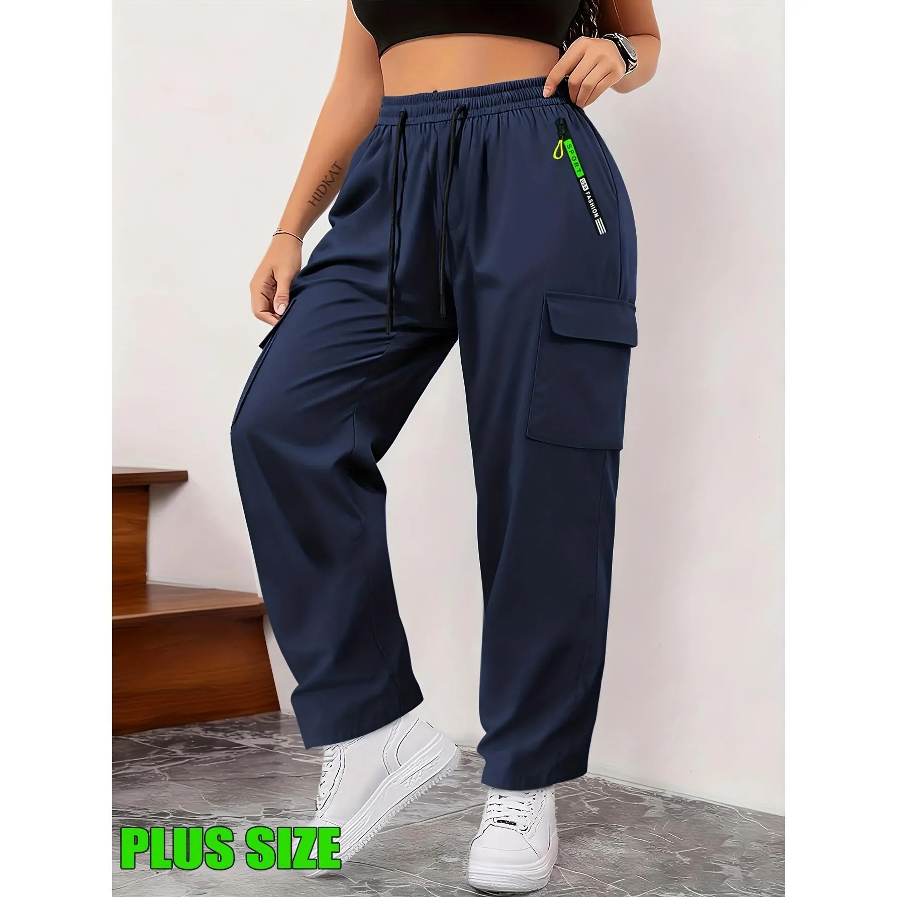 Women's Plus Size Wide Leg Cargo Joggers - Loose Fit Sports Active Pants with Elastic Waist, Adjustable Drawstring, Breathable Summer Trousers & Functional Pockets