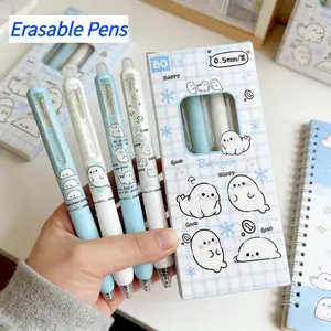 4-Pack Cute Erasable Neutral Pens, 0.5mm Blue- Dual-Tone Ink, Easy Error Correction, Fun Cartoon Design, Essential School Supplies