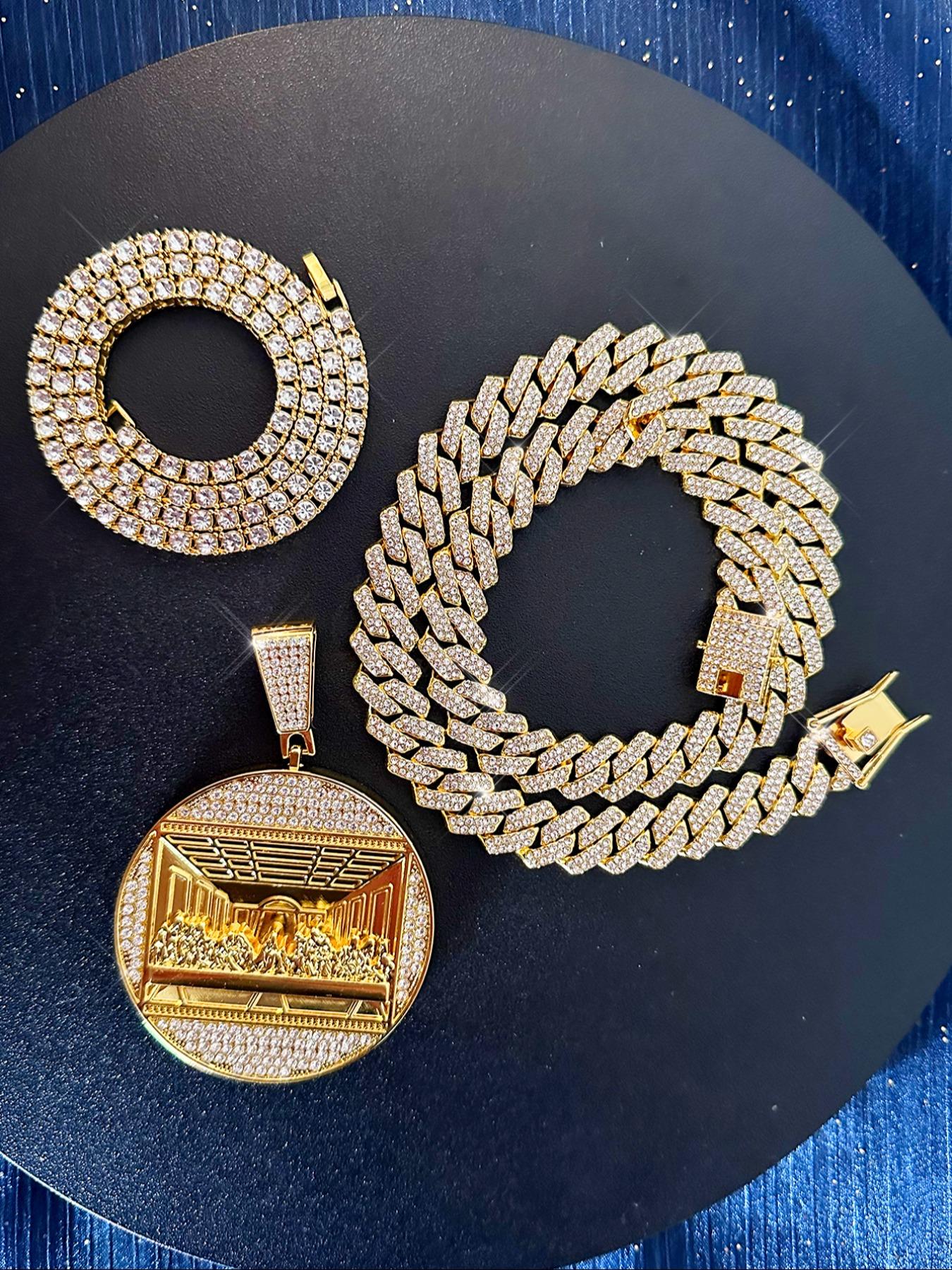 2Pcs/3Pcs Hip Hop Last Supper Pendant Big Jesus Iced Out Golden Cuban Link Design Charm Necklace Fashion for Men Gift for My Men Hip Hop Accessory