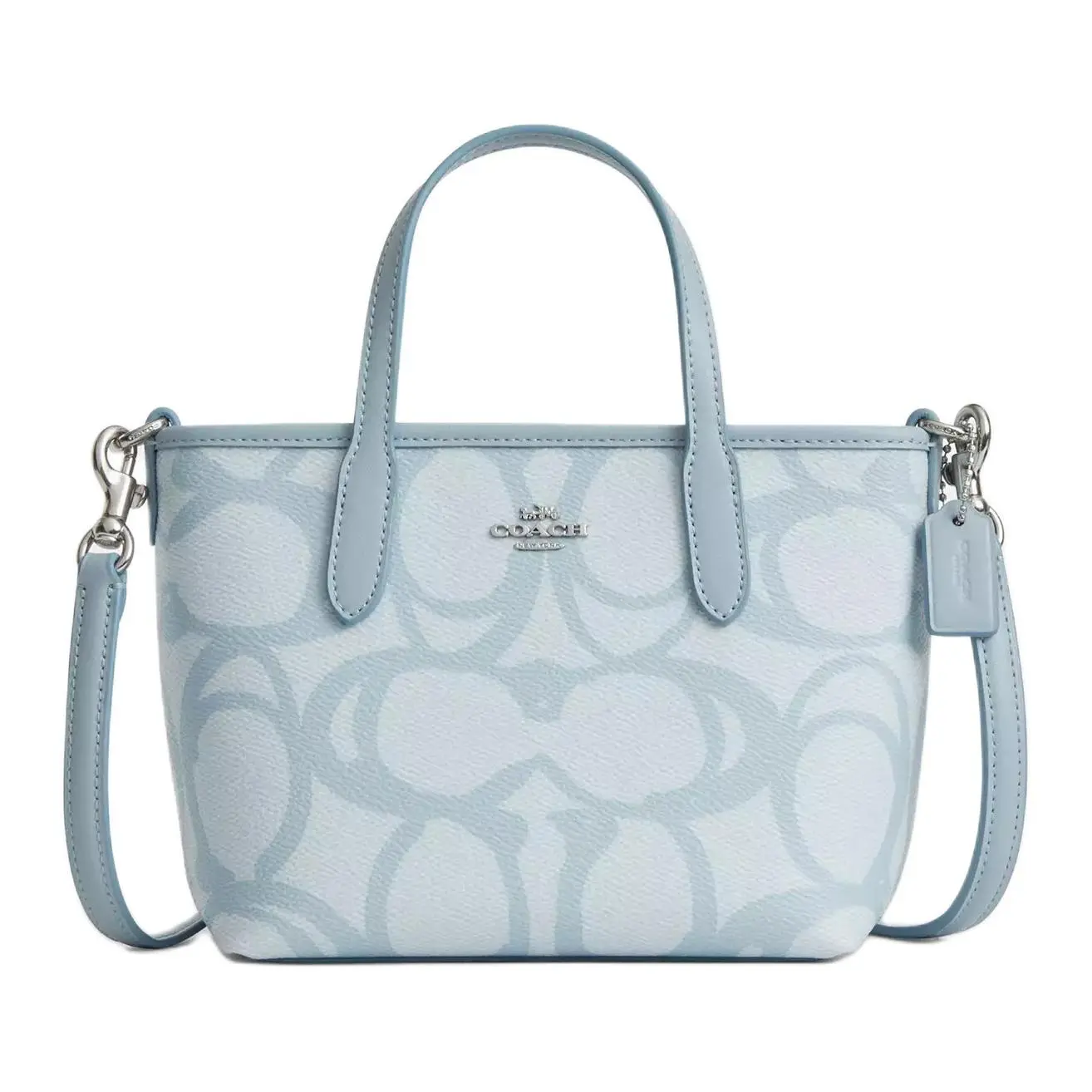 COACH City 15 Silver Metallic Logo Coated Canvas Tote Bag for Women – Mini Ice Blue