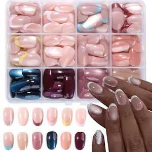 288pcs Nude Cat Eye French Press-On Nails, Medium Size, Oval Shape, Acrylic Material, Perfect for Daily Use, Parties, All Occasions