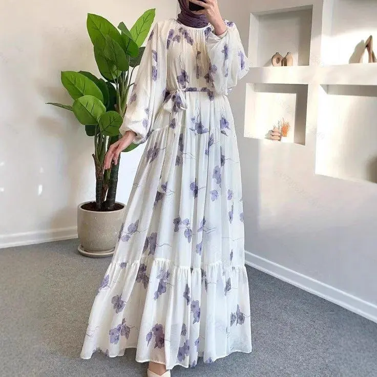Women's Modest Islamic Watercolor Floral Maxi Dress - Long Sleeve, Belted, Tiered Maxi Dresses (MS273)Sundress for women|Summer outfits| Beach outfits round neck long dress new arrival
