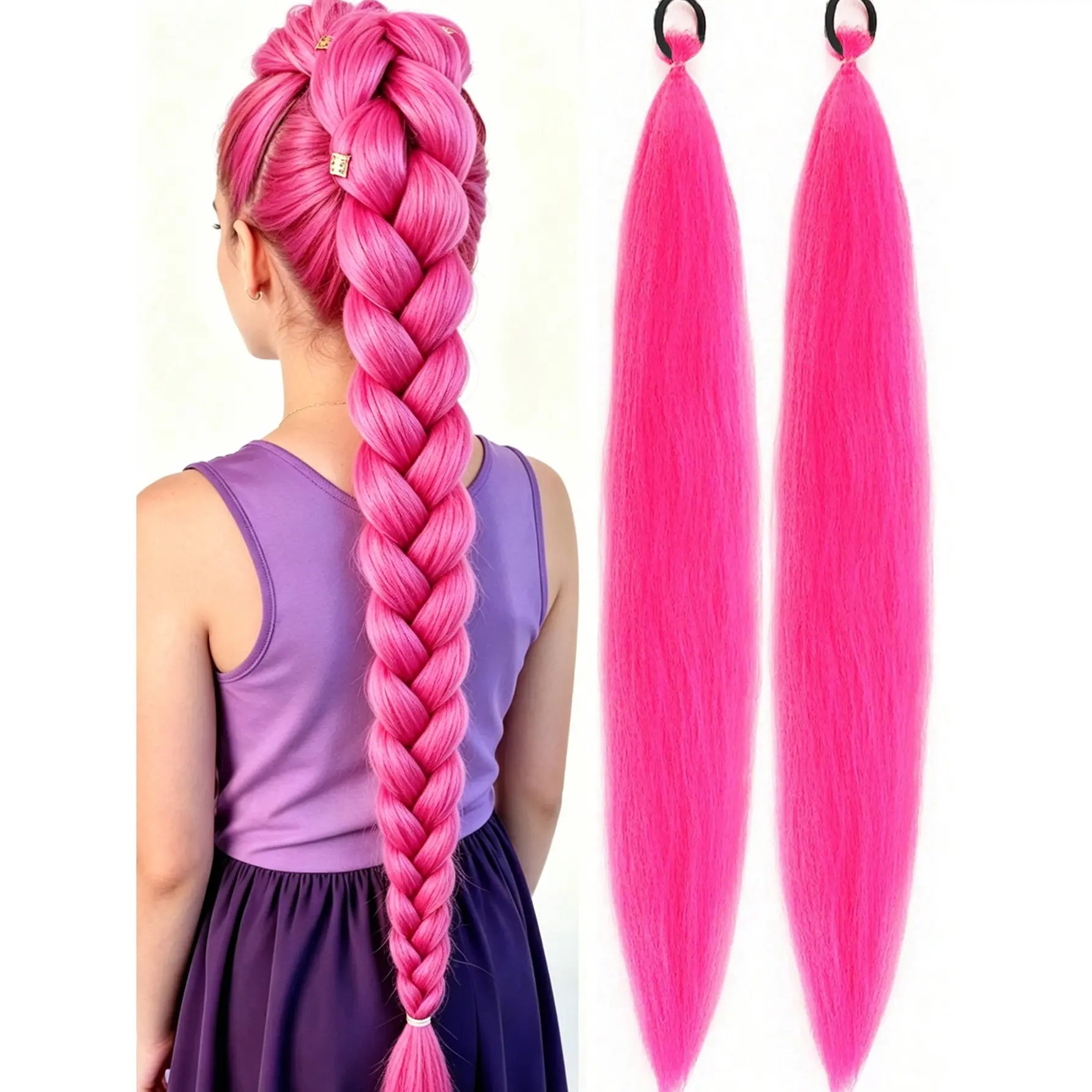 K-Pop Girl Role Play Synthetic Wig, 26-Inch Braided Wig, Long Yaki Straight Hair, Heat Resistant Ponytail Accessory, Kids' Wig