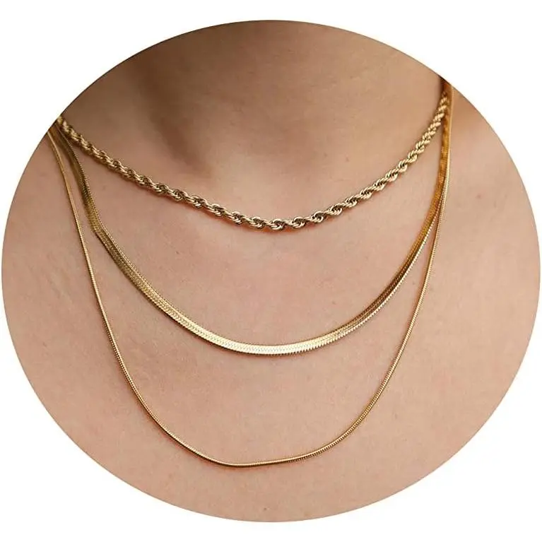 Herringbone Choker Necklace Set Double Layer Snake Chain Herringbone Chain Necklace Layering Necklace Set Cuban Chain Necklace for Women
