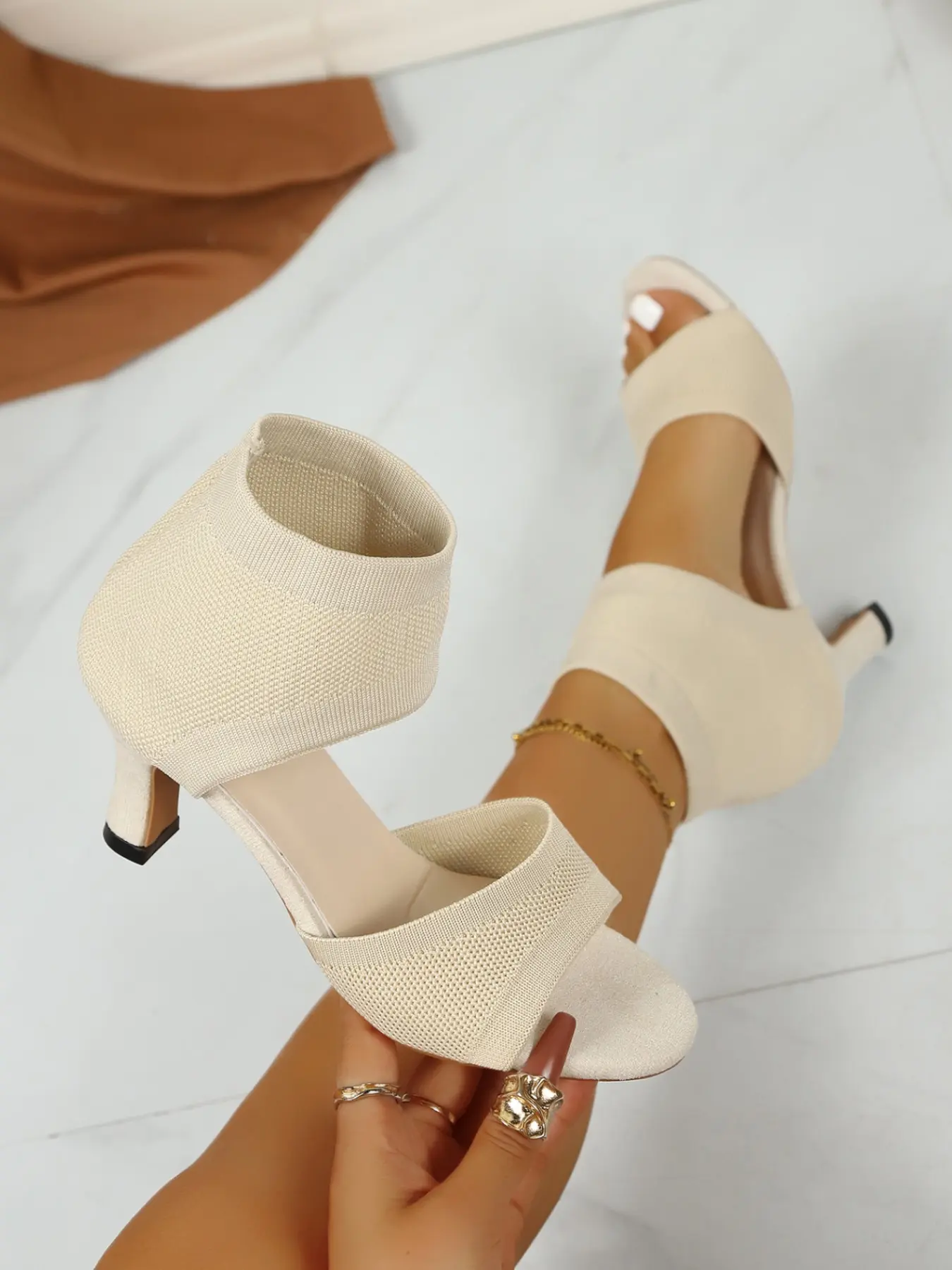 Women Knit Sock Ankle Wrap Stiletto Heel Sandals, Elegant Open Toe Slip On, Stretch Fabric, High Heel Party Dress Shoes, Comfortable & Stylish, Dressy Sandals, Elegant Classy Sandals