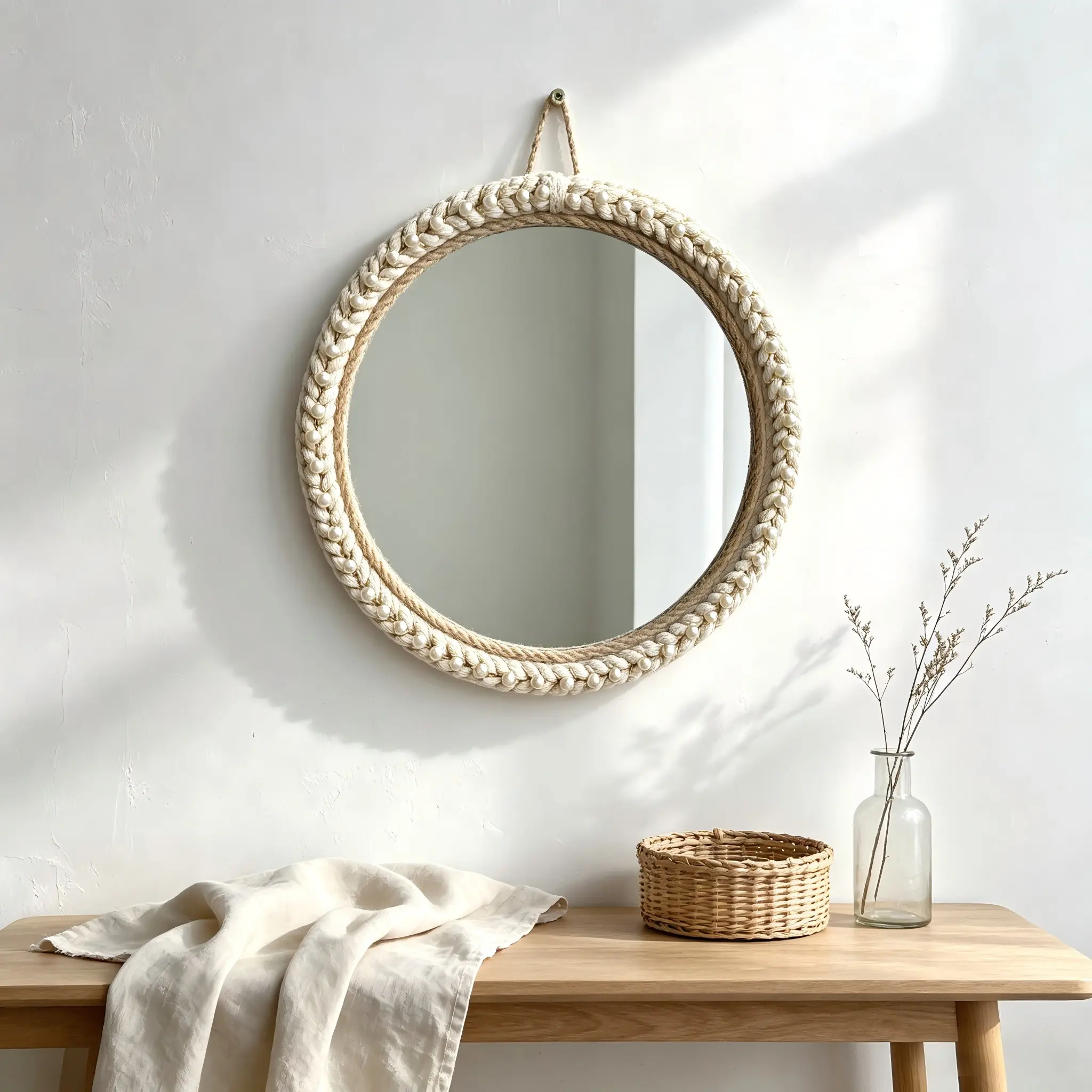 1pc Round Pearl Jute Rope Wall Hanging Mirror, Cream Boho Cottage Farmhouse Style, Handwoven Natural Jute Frame Fully Wrapped with Faux Pearls, Aesthetic Decor Wall Mirror for Bedroom Vanity Entryway Dorm Apartment Home Decor Lovers