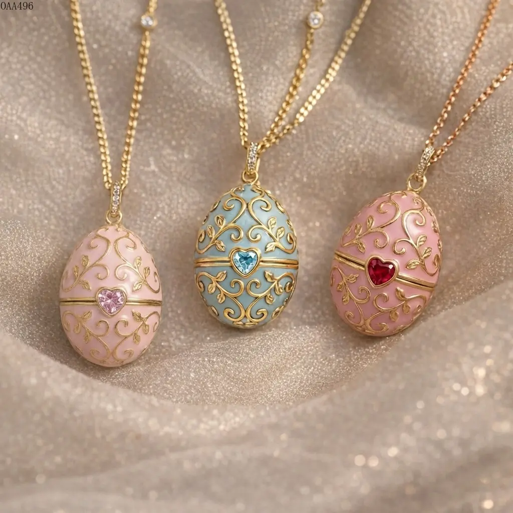 Women's Vintage Egg Shape Enamel Finish Synthetic Base Gold-Plated Openable Pendant Necklace, DIY Bag Accessory for Everyday Use & Gifting, Egg Shapes