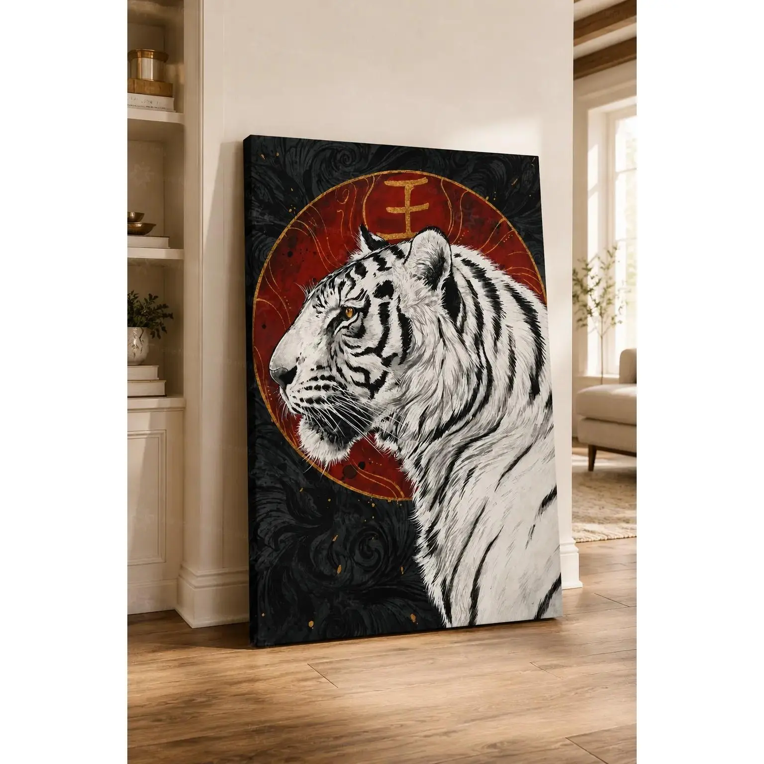 White Tiger Zodiac Poster, Asian-Inspired Red Black Gold Tiger Art Wall Decor for Living Room, Bedroom, Office, Study, Meditation Room, Game Room, Modern Oriental Home Decoration