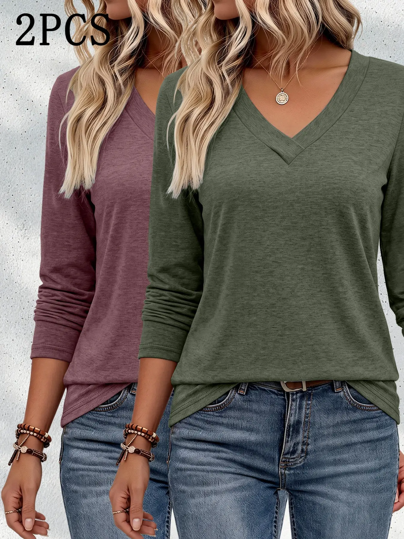 Women's Fashion Elegant V-Neck Long Sleeve T-Shirt 2-Piece Set, Casual T Shirts, Casual Solid Color, Fitted, All Seasons, Plain Surface, Unlined