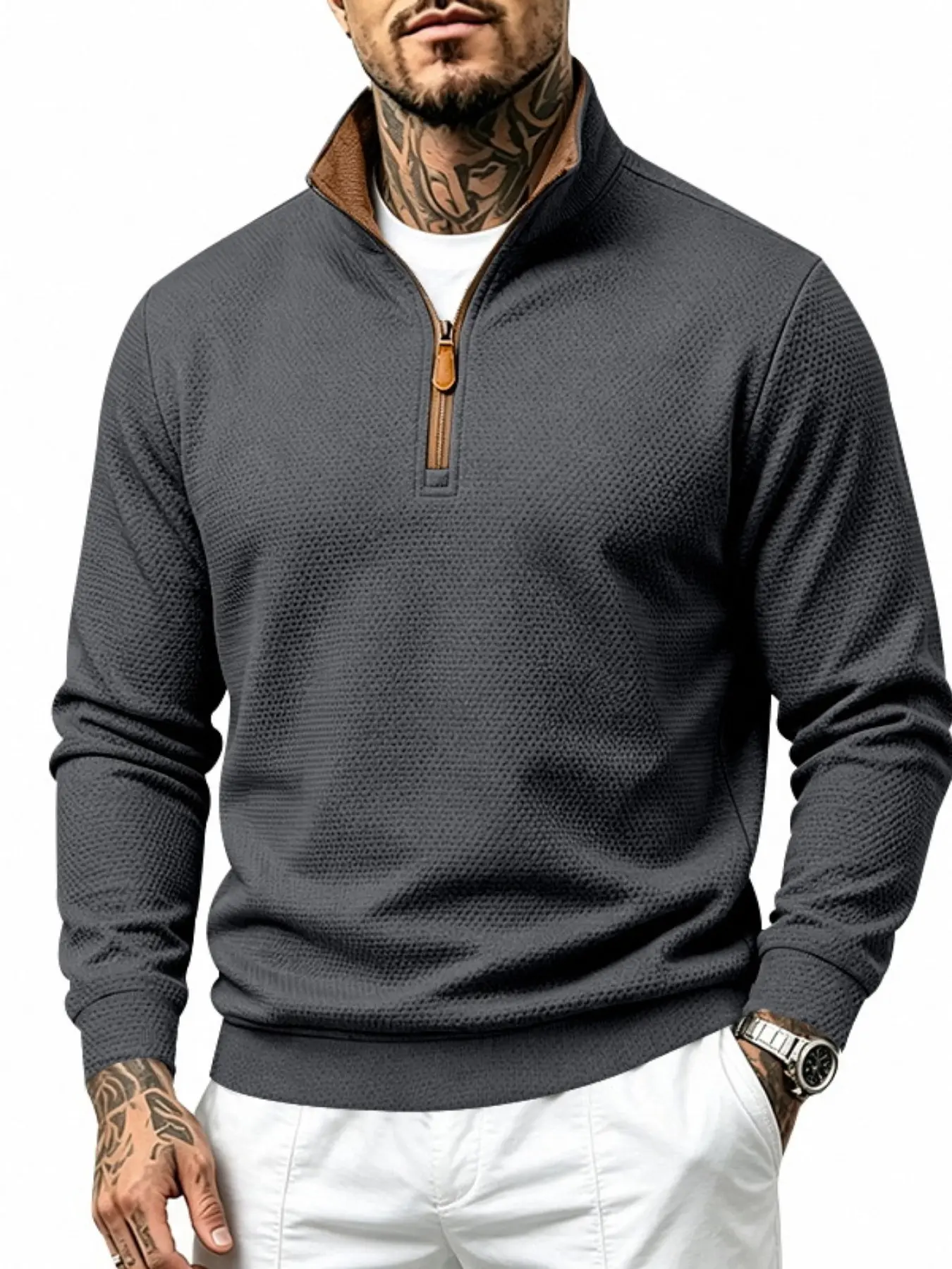 Men's Waffle Half-Zip Stand Collar Sweatshirt, Breathable Long Sleeve Top, Casual Outdoor Sport Commute Golf Knit Pullover