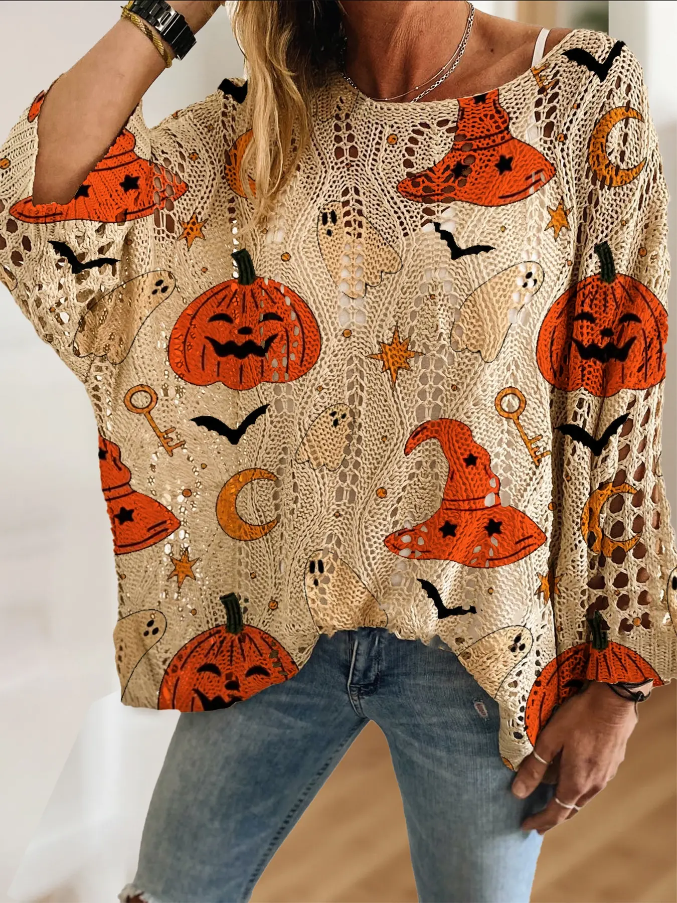 Women's Elegant Halloween Witch Hat Print Long Sleeve Knit Top, Loose Bat Wing Shoulder Design, Fall Winter Fashion Sweater