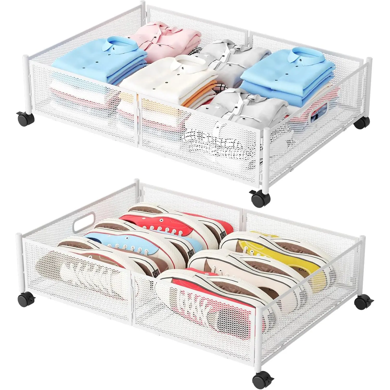 Under Bed Storage with Wheels, Foldable Metal Mesh Underbed Storage Container Bins, Tool-free Assembly Clothes Drawer Organizer, 2Pack