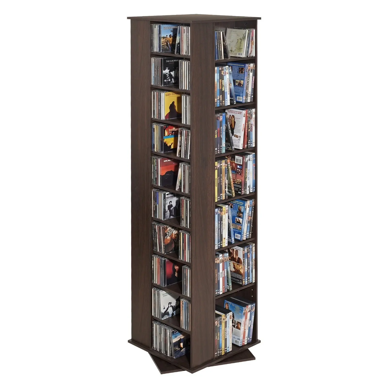 Rotating Media Storage Cabinet With 34 Compartments, CD Rack Tower For CDs, DVDs, Books And Game Discs, All Purpose Media Tower Stand In Brown Finish For Living Room, Home Office, Recording Studio, And Entertainment Center