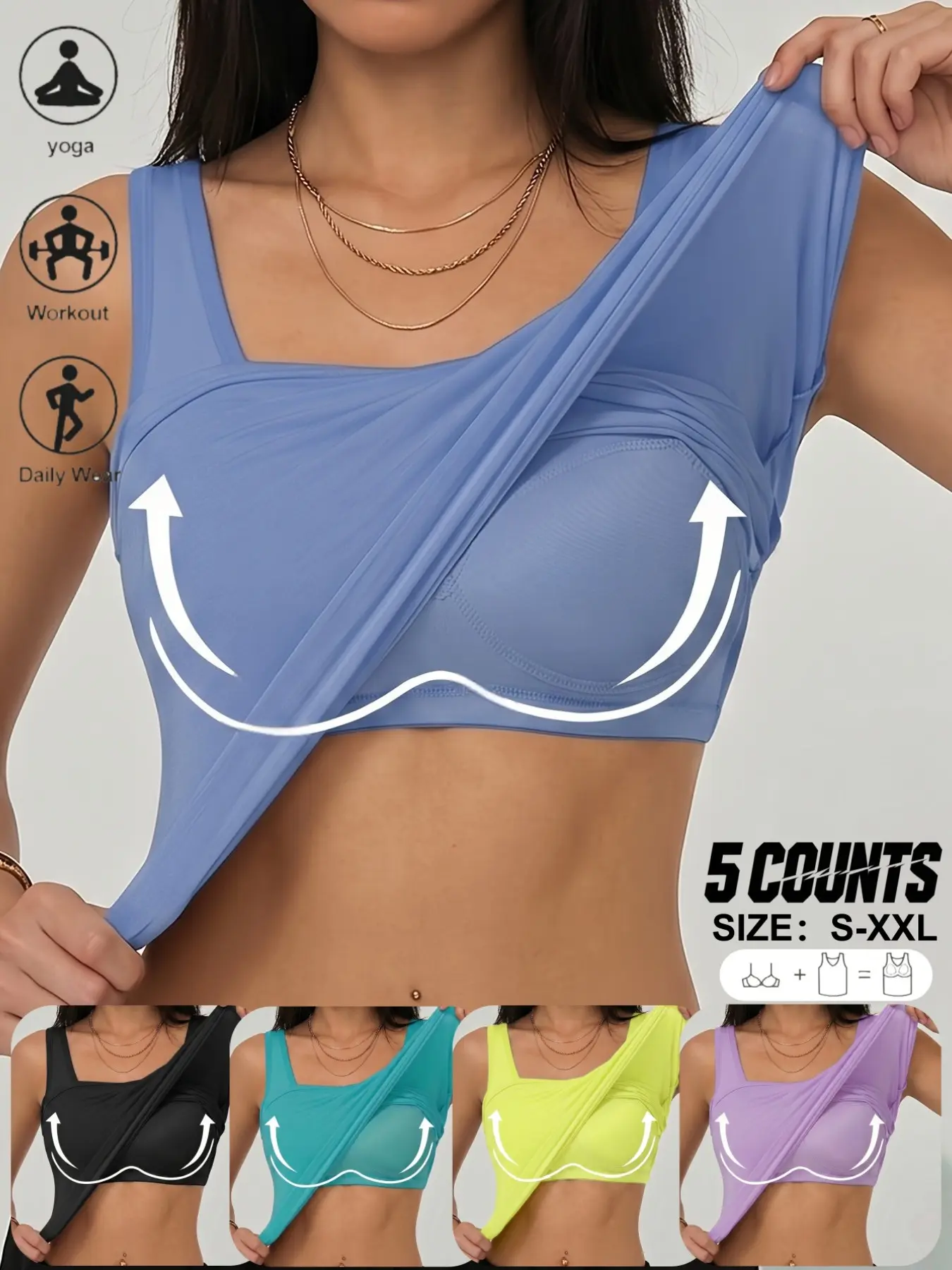 1/5 Pack Braided Sports Tank Top with Padded Support, Breathable No Steel Wire Design, Comfortable for Running & Fitness, All-Season Wear