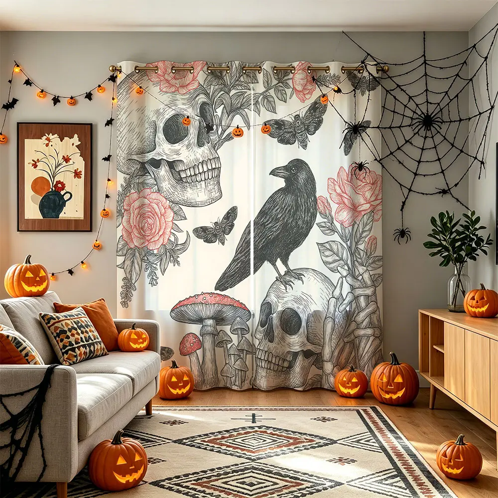 Vintage Gothic Halloween 2 Panel Blackout Curtains, Skull Rose Raven Mushroom Bat Print Window Drapes, Dark Academia Bedroom Decor Curtain