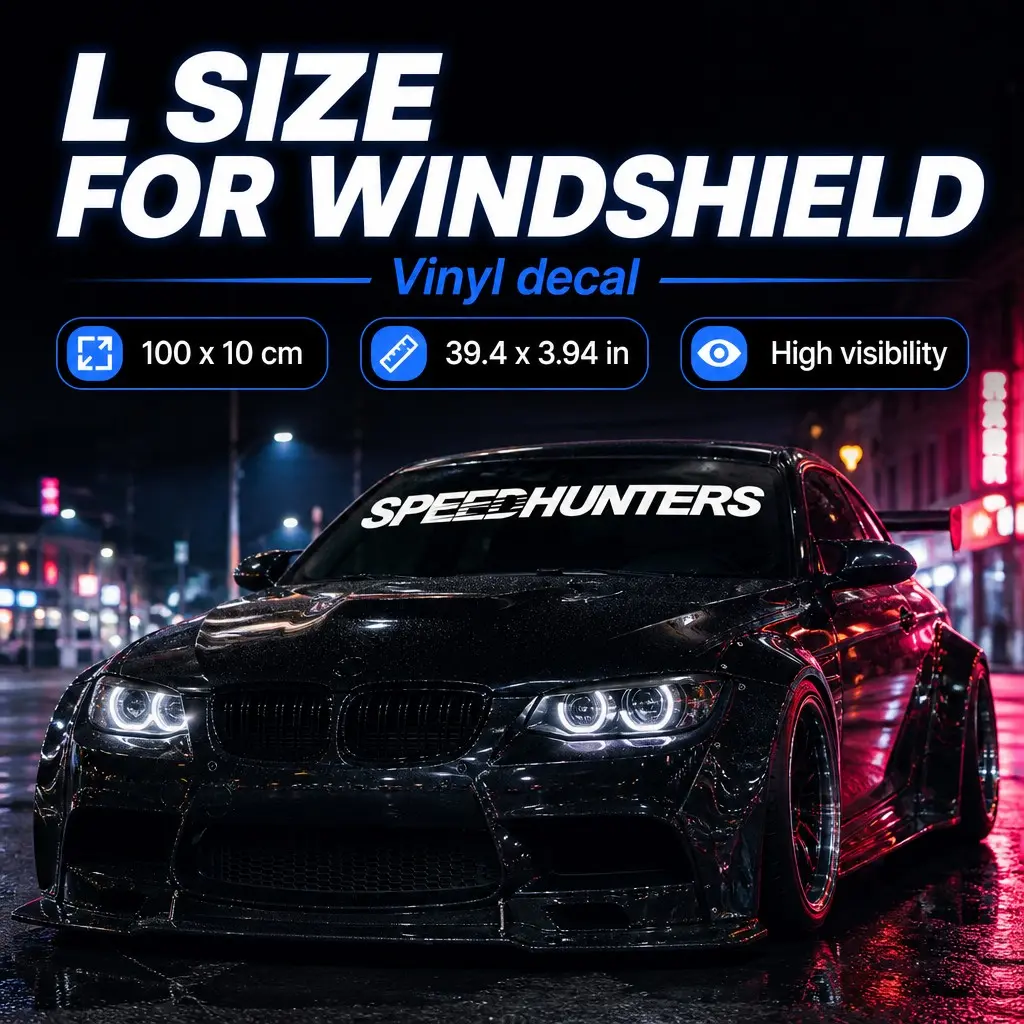 SPEEDHUNTERS Car Front Windshield Vinyl Decal Sticker, JDM Street Racing Style Auto Exterior Decor, 7 Glossy & Reflective Laser Colors, 2 Sizes M L, Easy‑Apply Waterproof Durable Vinyl Sticker for Most Vehicle Windshields